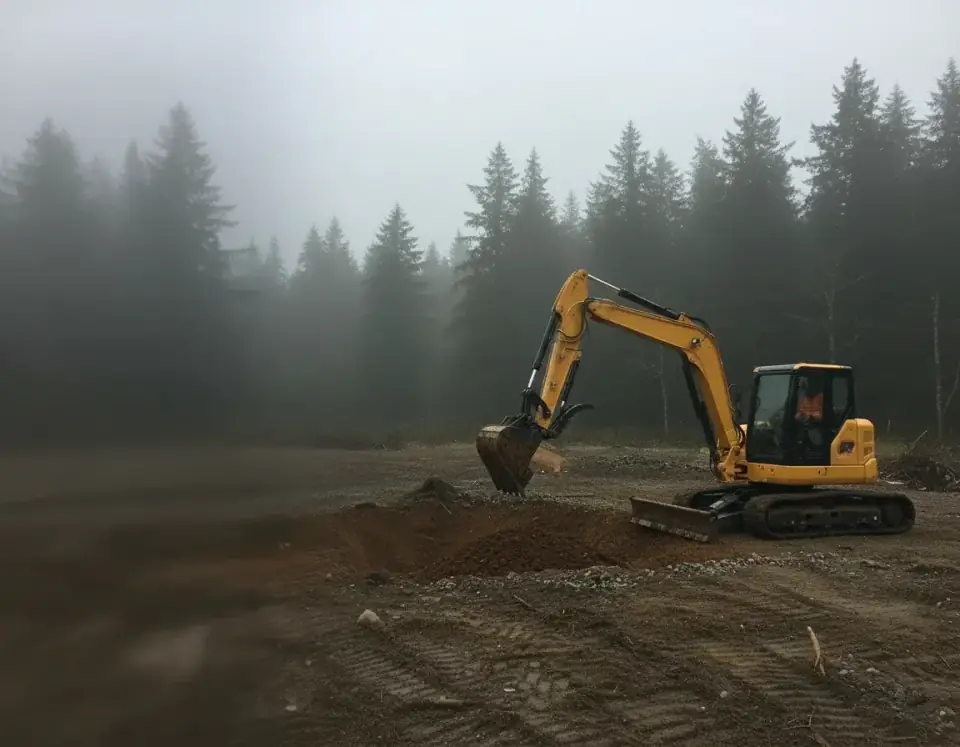 Yellow compact tracked excavator digging earth on a Western Washington jobsite