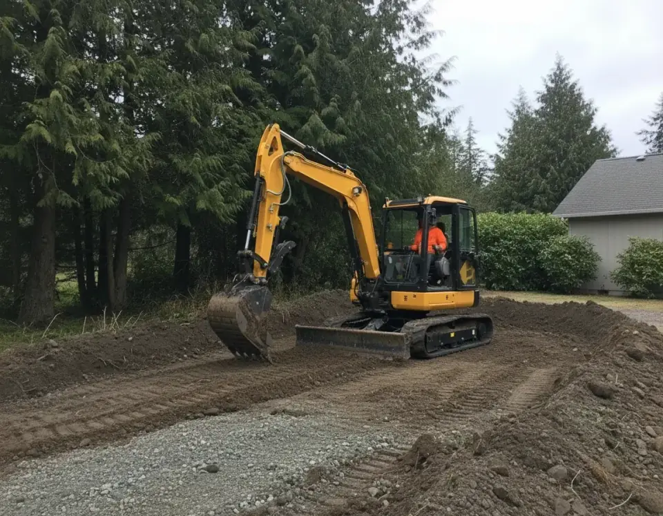 Yellow compact excavator grading soil at a property site