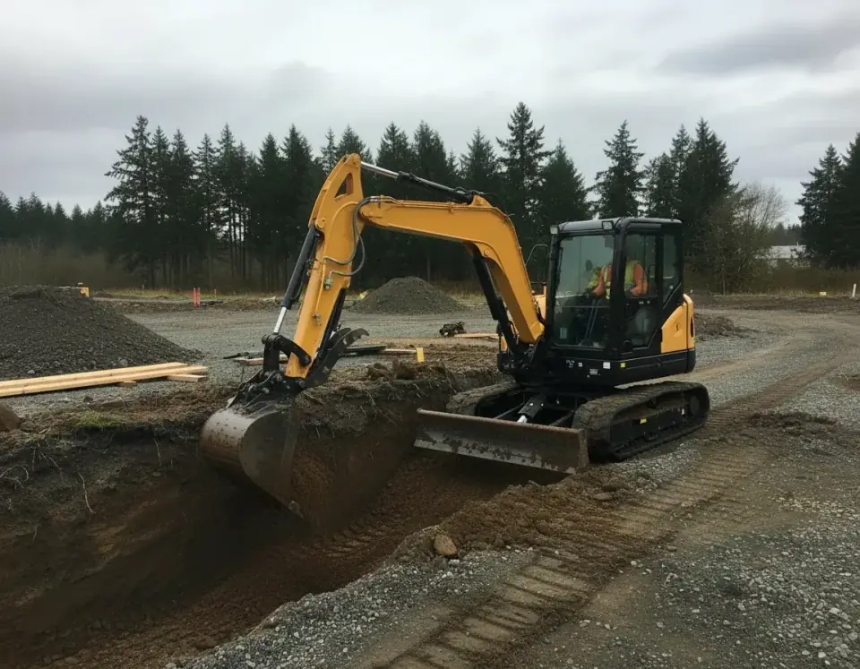 Yellow compact excavator digging a moderate trench on a Washington jobsite