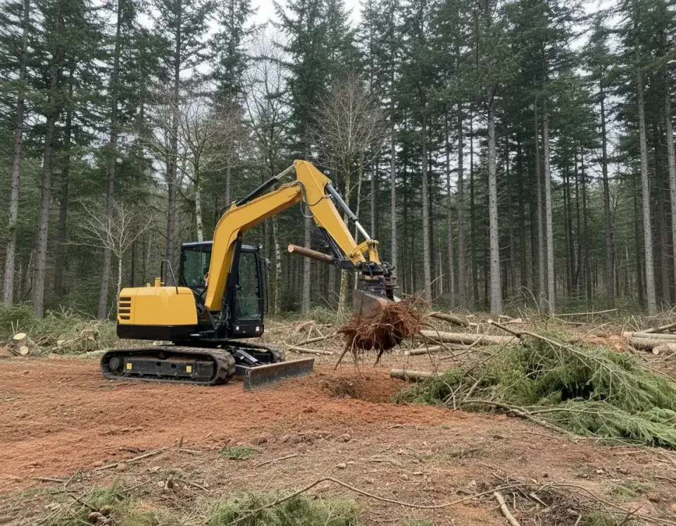 Yellow compact excavator removing a small stump and brush along a Pacific Northwest tree line