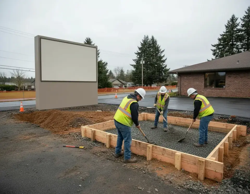 Construction crew preparing a commercial monument sign foundation