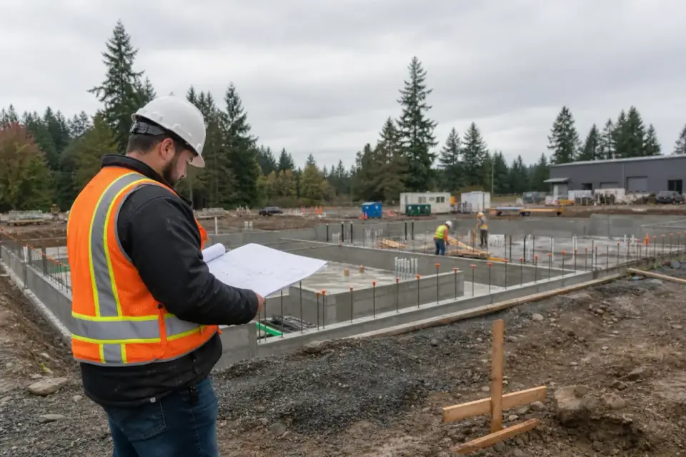 Superintendent reviewing site plans at a commercial construction jobsite