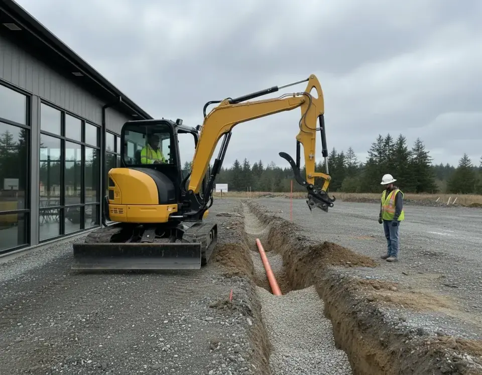 Yellow compact excavator trenching beside a commercial building with a worker safely nearby