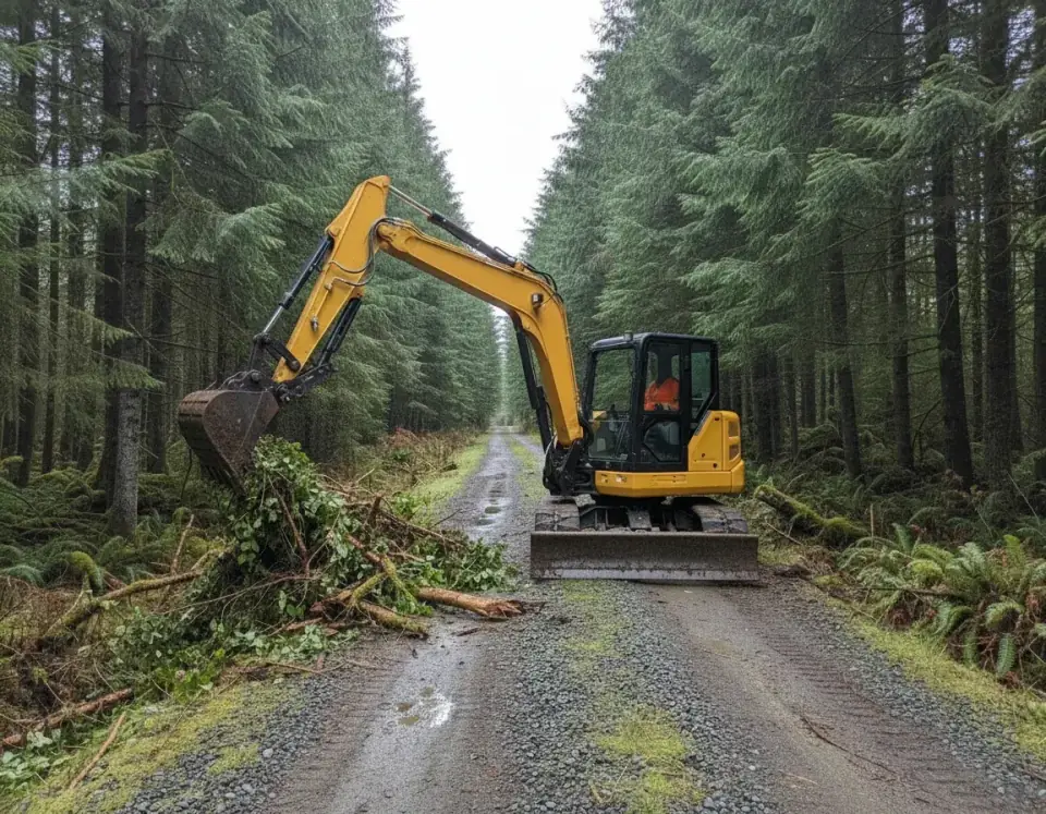 Yellow compact excavator clearing brush beside a Pacific Northwest forest access track